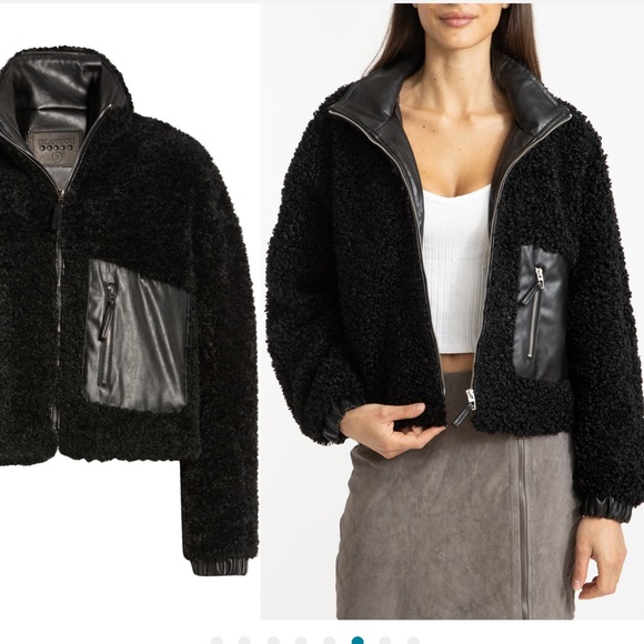 Faux Fur Shearling with Vegan Leather Trim Bomber Jacket - XL - Picture 4 of 7